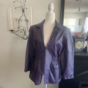 Leather Jacket Purple Vneck Leather Zip Up Gathered Waist 2 Zip Pockets Sz M
